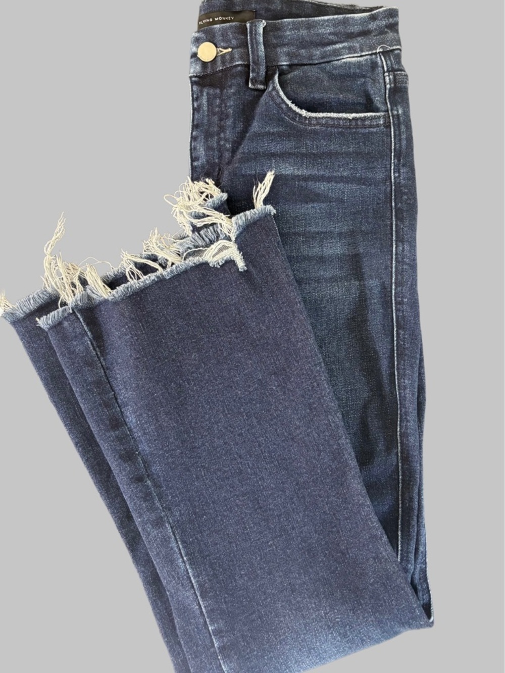 Flying Monkey High Rise Cropped Flare Jeans Dark Wash Raw Hem Size 27 - Picture 8 of 10